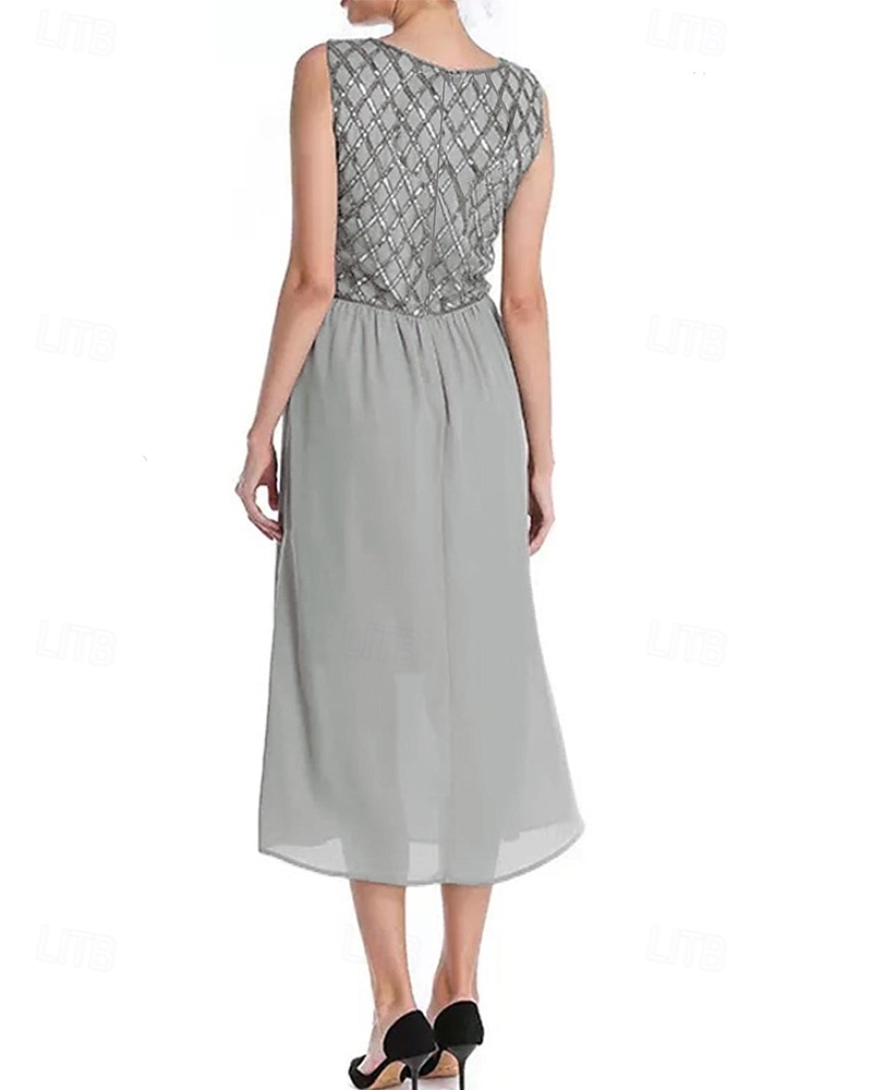 Ligne A Robe de Mère de Mariée  Formel robe demoiselle d honneur Élégant Simple Minimaliste Col ras du cou Longueur thé Chiffon Sans manches avec Paillettes 2025 de 2025 ? $149.99 –P3