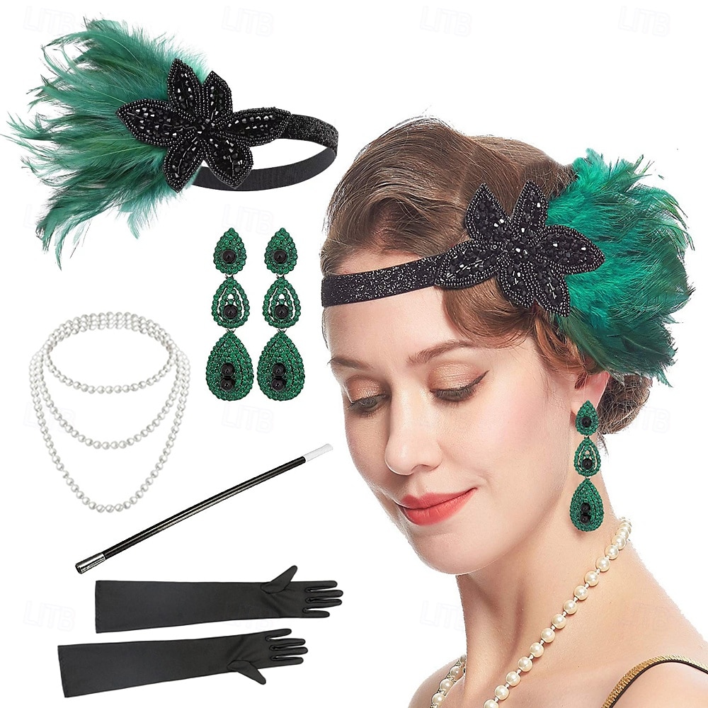 1920-as évek A nagy Gatsby Flapper fejpánt Gyöngyös karkötő Fülbevaló A nagy Gatsby Toll Retro Csillogó glitter Kristály / Strassz Női Farsang Valentin nap Álarcos mulatság Party estélyi viselet 2025 - $23.99 –P1
