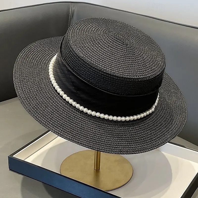 Elegant French Ladies Sun Hat  Natural Grass Weave Pearl Embellishment  Flat Top Design UV Protection Ideal for Beach and Outdoor Use Beach Hat 2025 - $48.99 –P4