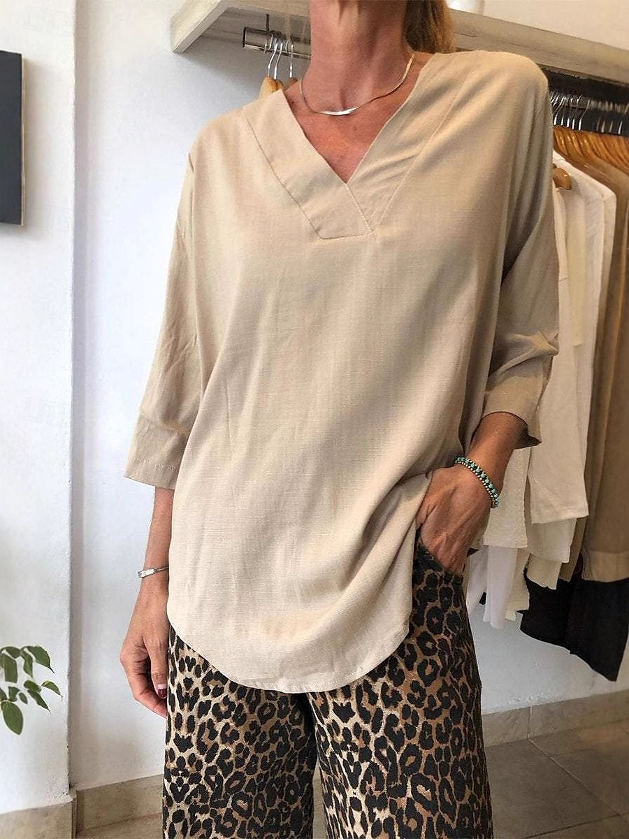 camicetta da donna in cotone e lino, tinta unita, elegante, casual, manica a 3/4, scollo a V, top normali, per tutti i giorni, per le vacanze, nera, bianca, beige, estate, primavera del 2025 a $25.99 –P4