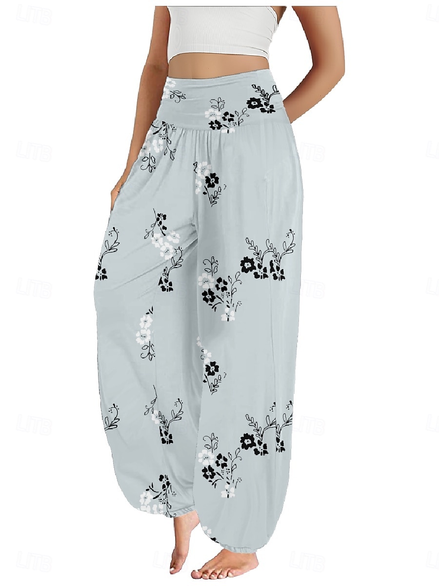 Dame Lin-inspirerte bukser Bred Bukseben Bukser Etnisk stil Fritid Bohem Full lengde Høy Midje Blomstret Blad Tropisk Lomme Elastisk midje Printer Pusteevne Myk Mikroelastisk utendørs Yoga- og 2025 - $21.99 –P9