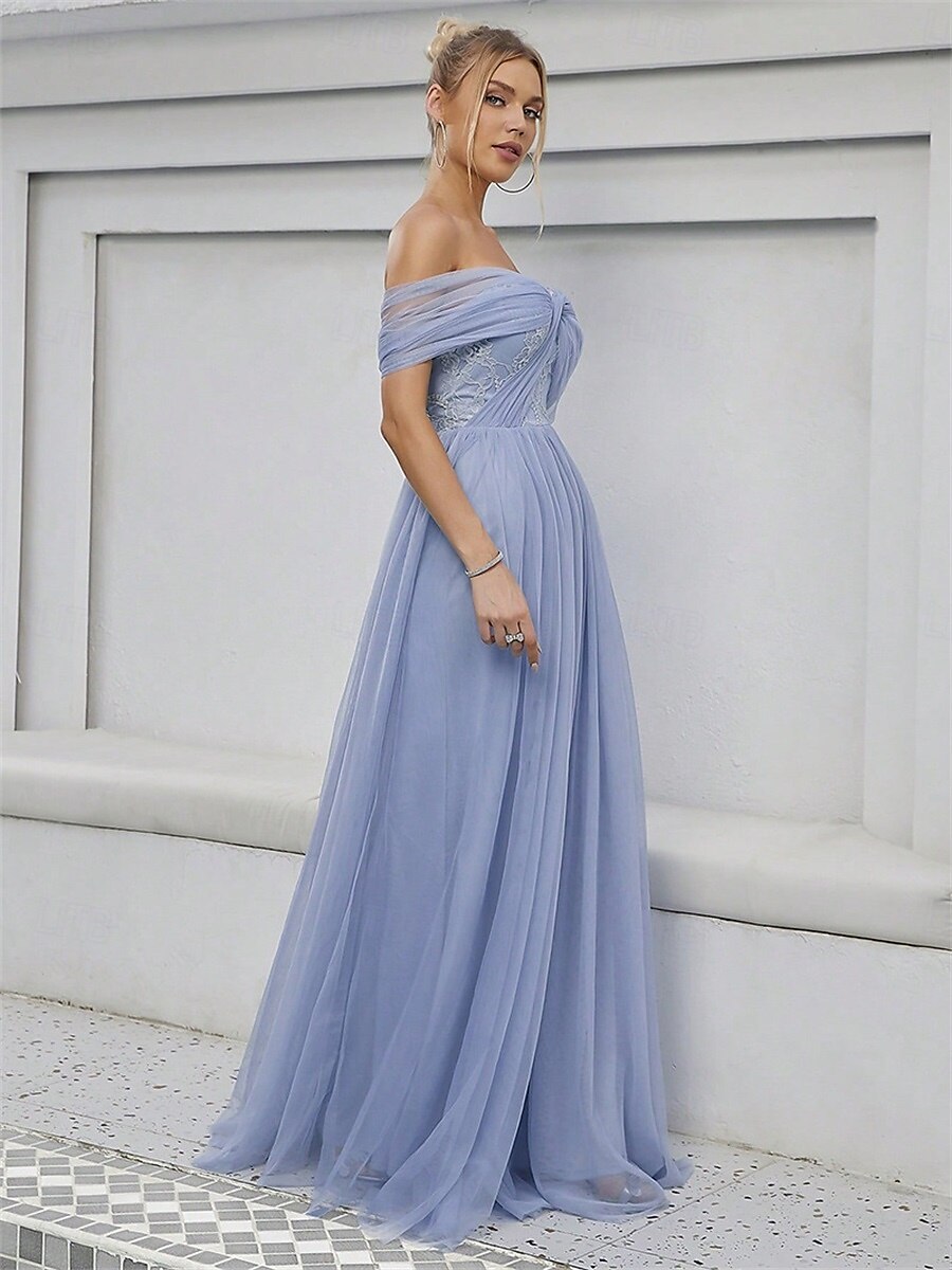 Linha A Vestido de Madrinha Ombro a Ombro Sem Manga Elegante Longo Tule com Cor Única 2022 de 2025 por $86.99 –P6