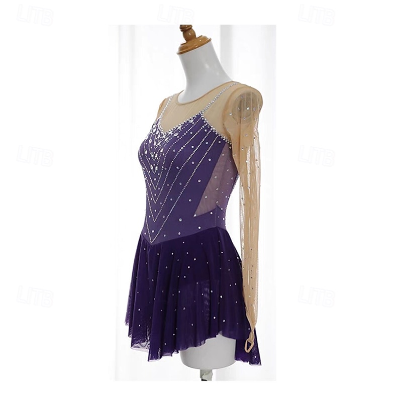 Figure Skating Dress Women's Girls' Ice Skating Dress Violet Patchwork Thumbhole Mesh Spandex Stretchy Training Practice Professional Skating Wear Thermal Warm Crystal / Rhinestone Long Sleeve Ice 2025 - $161.99 –P3