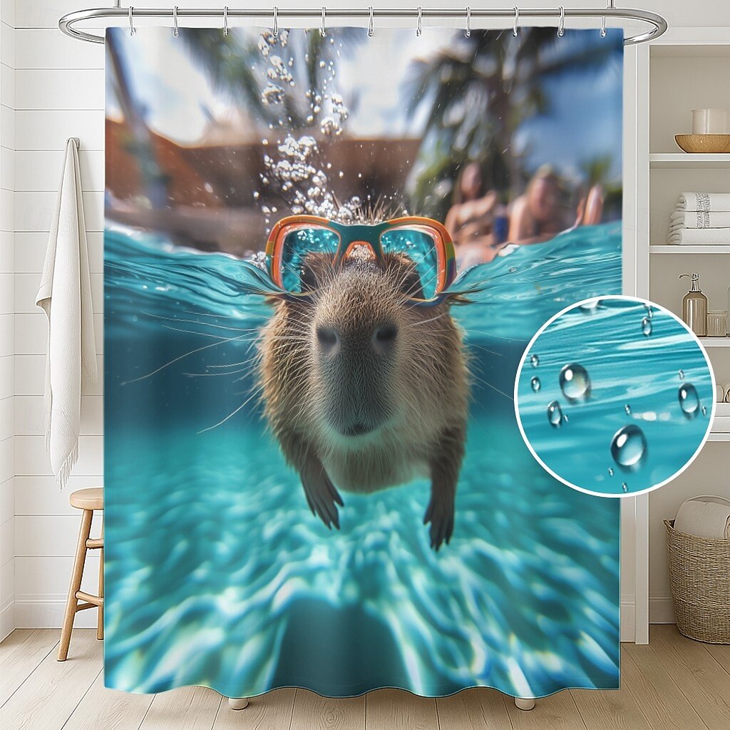 Duschdraperi med Krokar 180cm*180cm(70"*70") Polyester Tvättbar Vattentät Mönster Badrum Badkar Dekor Djur Capybara 2025 - $19.99 –P5