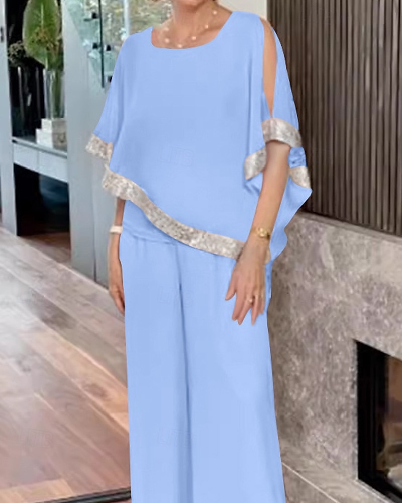 Tuta Due Pezzi Abito Madre della Sposa Elegante Vintage Semplice Scollatura Rotonda Lunghezza a Terra Chiffon Manica Mezza con Paillettes del 2025 a $99.99 –P2