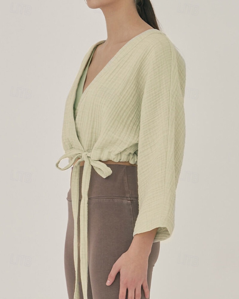 Dame Linskjorte Bluse عادي Fritid Langermet V-hals Crop Tops Daglig Ut på byen knyte foran Hvit Gul Brun Sommer 2025 - $36.99 –P7