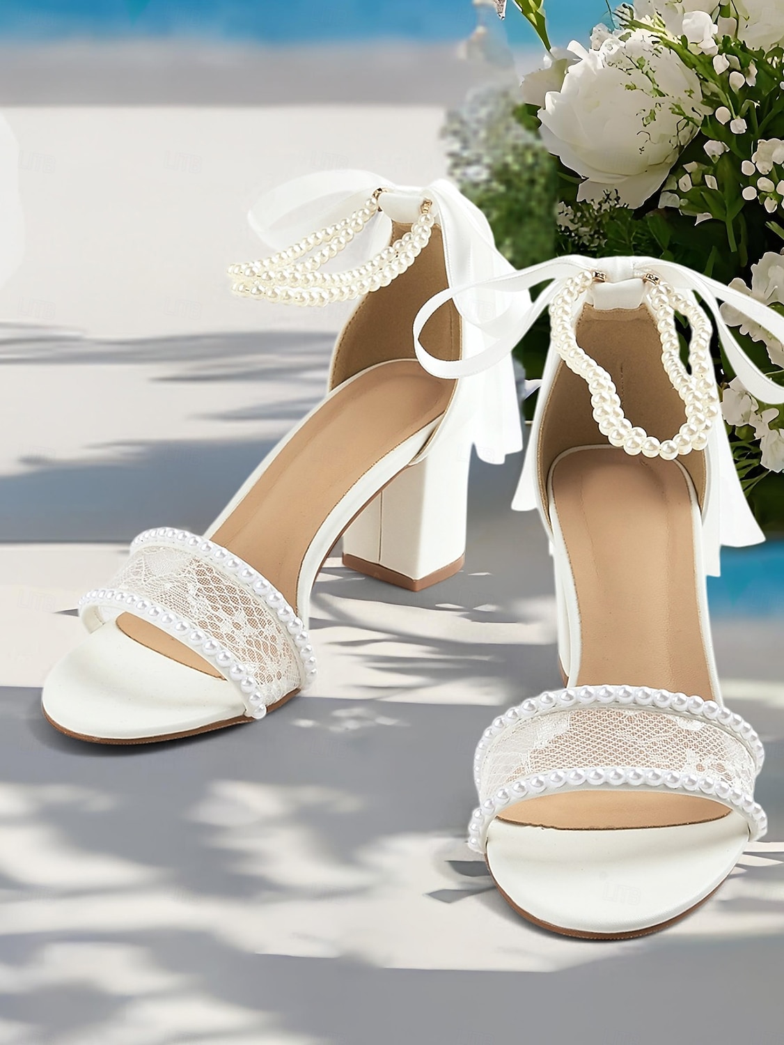 Women's White Bridal Sandals with Lace and Pearl Detailing, Block Heel Design for Beach Weddings and Summer Ceremonies 2025 - $46.99 –P3