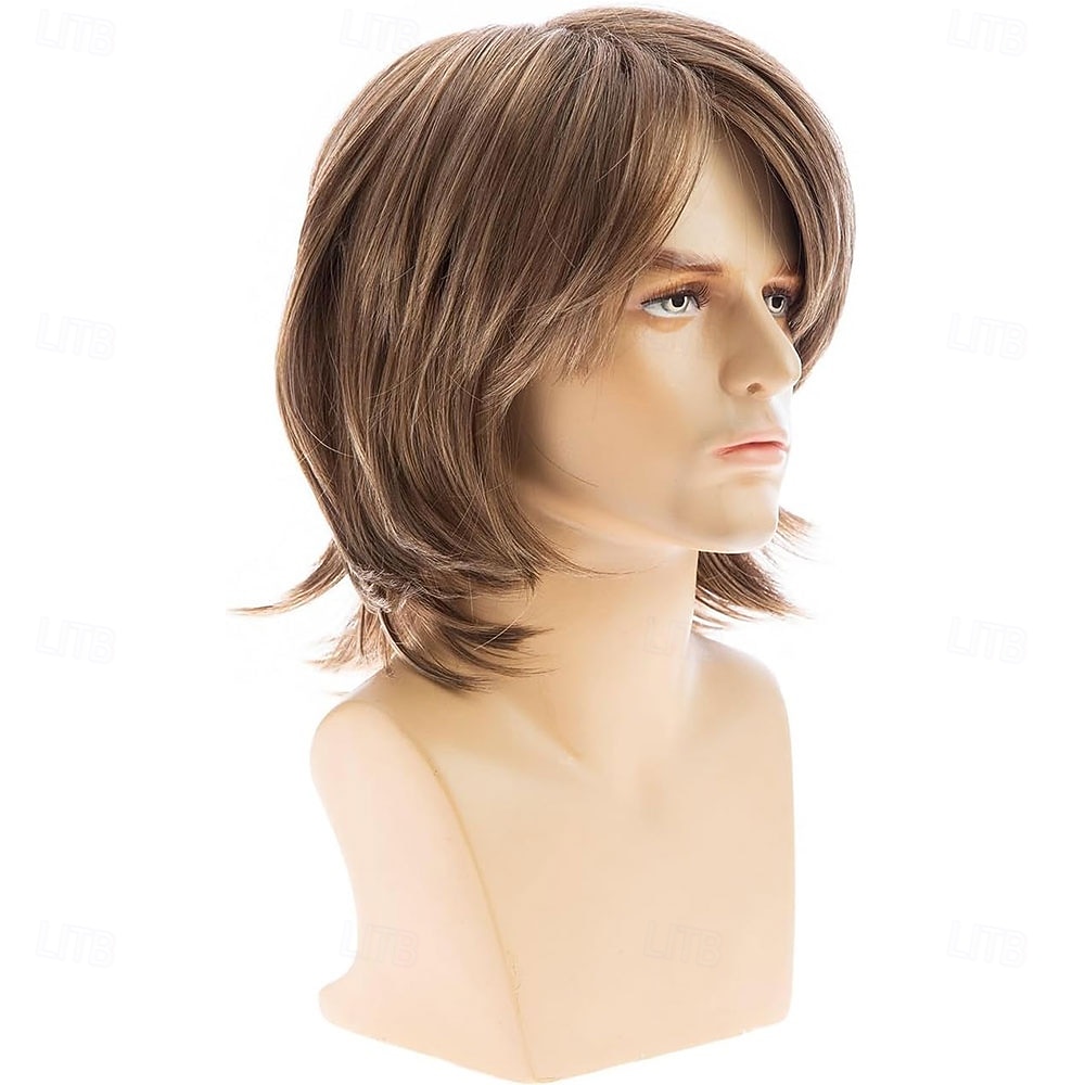 kort brun parykk for menn lysebrun lagdelt naturlig fluffy syntetisk hår parykk for daglig fest 2026 - $25.99 –P4