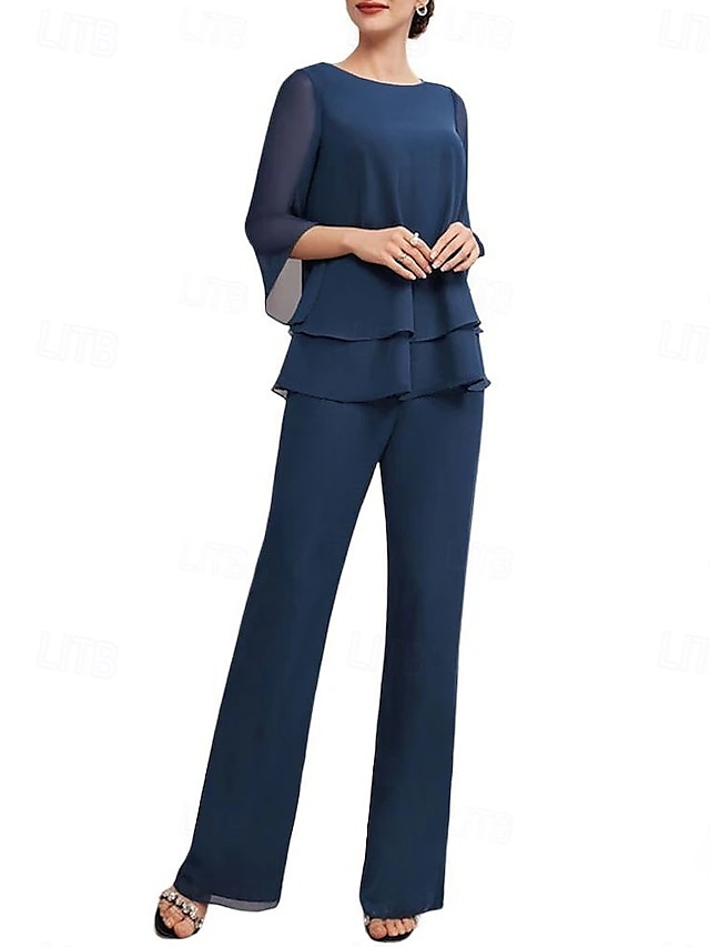 Two Piece Mother of the Bride Dress Elegant Simple Minimalist Crew Neck Floor Length Chiffon Half Sleeve with Cascading Ruffles 2025 2025 - $124.99 –P5