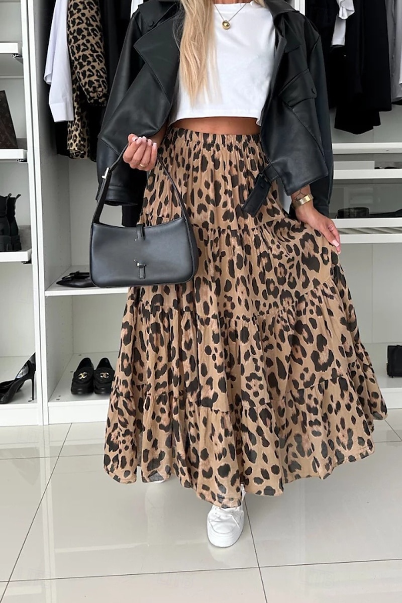 Femmes Jupe Bohème Occasionnel Boho Maxi Taille Basse Jupes Léopard Imprimé Micro-Élastique Vacances Rue Marron Été Polyester de 2025 ? $21.99 –P1