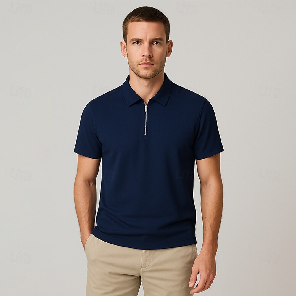Men's Silk Linen Cotton Business Casual Half Zip Short Sleeve Basic Formal Solid Color Zipper Summer Black Dark Navy Sky Blue Dark Green Gray 2025 - $49.99 –P11