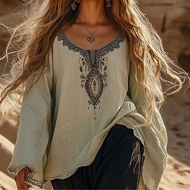 Damen Baumwoll-Leinen-Hemden Boho-Hemd Geometrisch Einfach Täglich Stilvoll Basic Langarm Rundhalsausschnitt Normale Oberteile Arbeit Täglich Ferien Druck Marineblau Purpur Khaki Beige Frühling Herbst 2025 - $29.99 –P1