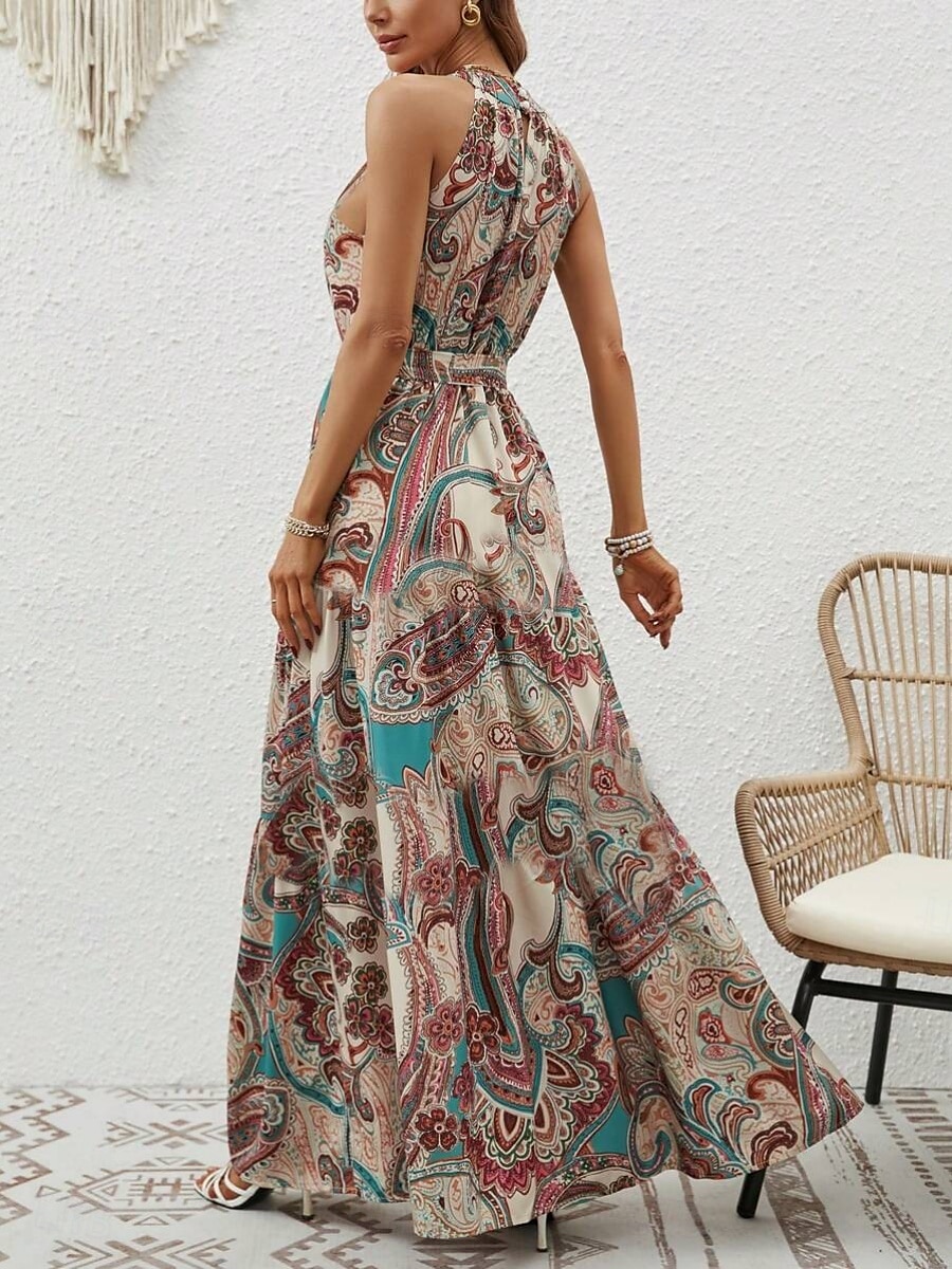 Dam Maxiklänning A linjeklänning Off Shoulder Klänning Semester Ledigt Boho Utomhus Utekväll Normal Grafisk Paisley Ärmlös Halterneck Blå Purpur Brun Aprikos Sommar 2025 - $29.99 –P8