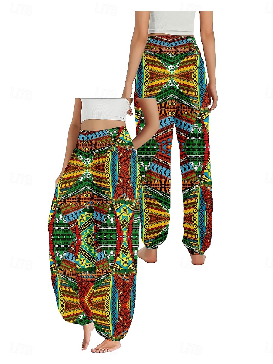 Women's Linen-Inspired Pants Wide Leg Pants Trousers Ethnic Style Casual Boho Full Length High Waist Floral Graphic Pocket Elastic Waist Printing Breathability Soft Micro-elastic Outdoor Yoga Blue 2025 - $21.99 –P6