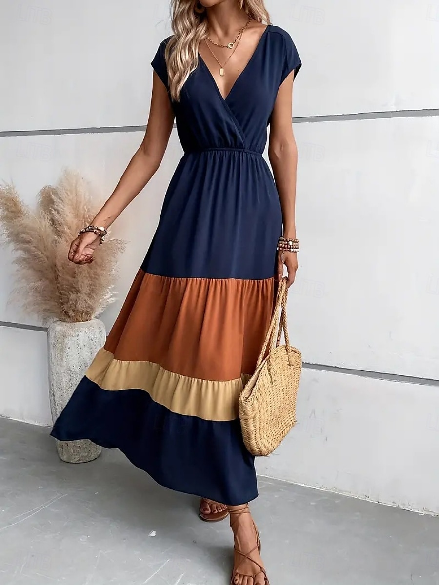 Per donna Abito maxi Abito a trapezio Casual All'aperto Uscire Spiaggia Vestibilità comoda Grafico Manica Corta Scollo a V Blu Fucsia Marrone Estate del 2025 a $39.99 –P2
