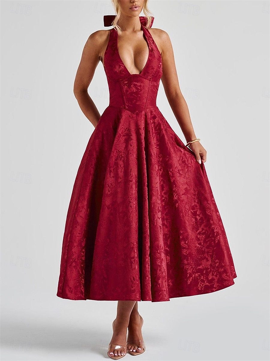 Rochie A-line Rochie Jacquard Rochie Semi-formală Rochie cocktail Lungime midi Fără mâneci Guler halter Fundiță Spate descoperit cu detaliu cu dantelă Rochie pentru invitați la nuntă 2025 - $79.99 –P11