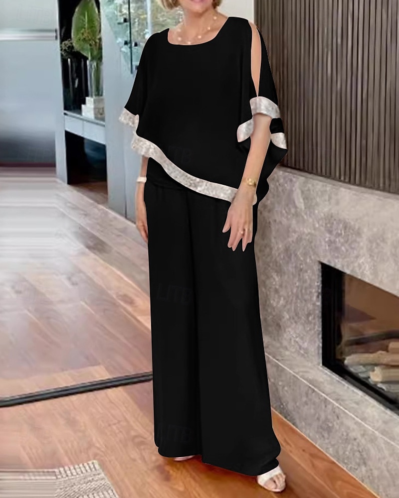 Tuta Due Pezzi Abito Madre della Sposa Elegante Vintage Semplice Scollatura Rotonda Lunghezza a Terra Chiffon Manica Mezza con Paillettes del 2025 a $99.99 –P8