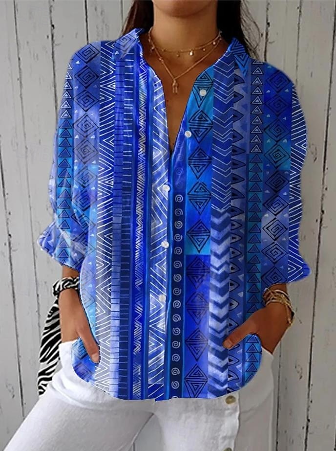 Women's Linen Like Shirt Blouse Graphic Geometric Stylish Modern Casual Long Sleeve Shirt Collar Regular Tops Daily Holiday Going out Patchwork Buttons Print Yellow Royal Blue Light Blue Summer Spring 2025 - $32.99 –P2