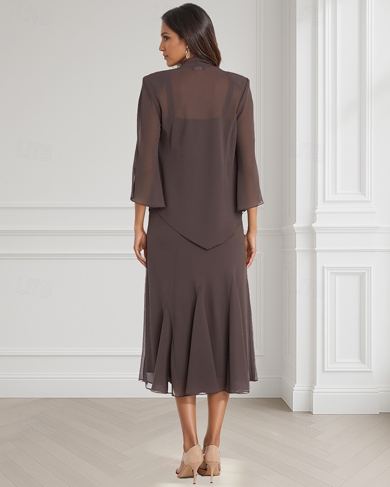 Due Pezzi Linea ad A Abito da cerimonia per signora Formale Ospite di nozze Elegante Collo quadrato Lunghezza al pavimento Chiffon Manica Lunga Con Stola con Pizzo A balze Ricamo 2025 del 2025 a $154.99 –P2