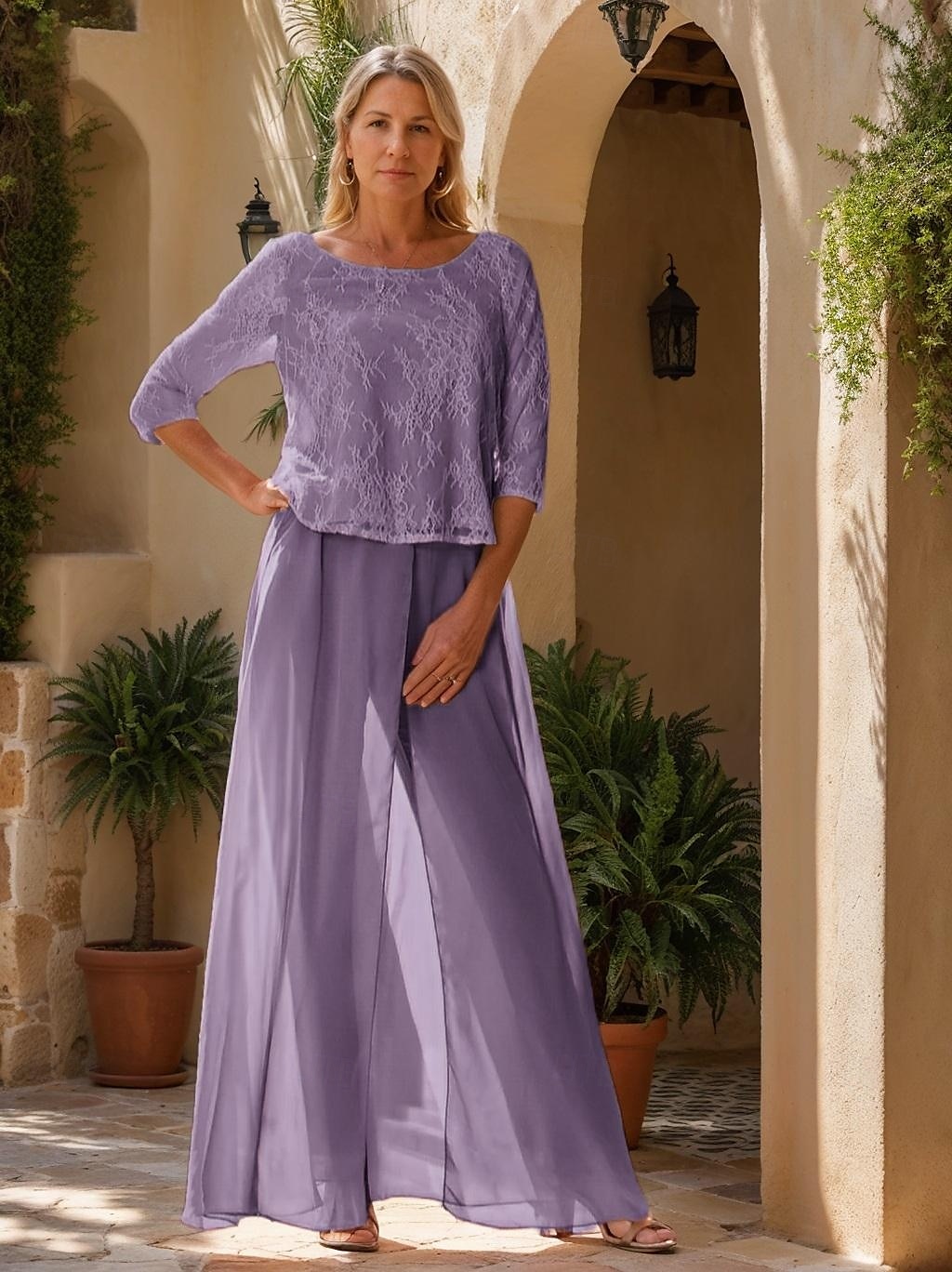 Two Piece Jumpsuit / Pantsuit Mother of the Bride Dress Elegant Simple Minimalist Crew Neck Floor Length Chiffon Half Sleeve with Lace 2025 - $149.99 –P7
