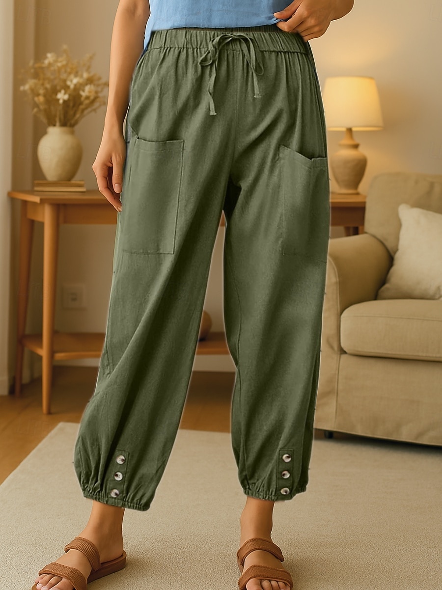 Per donna Pantaloni in cotone e lino Comfort Chino Lungo Vita Alta Semplice Elastico in vita Fibbia Comodo All'aperto Confortevole Streetwear Abbigliamento quotidiano Uscire Verde militare Estate del 2025 a $23.99 –P1