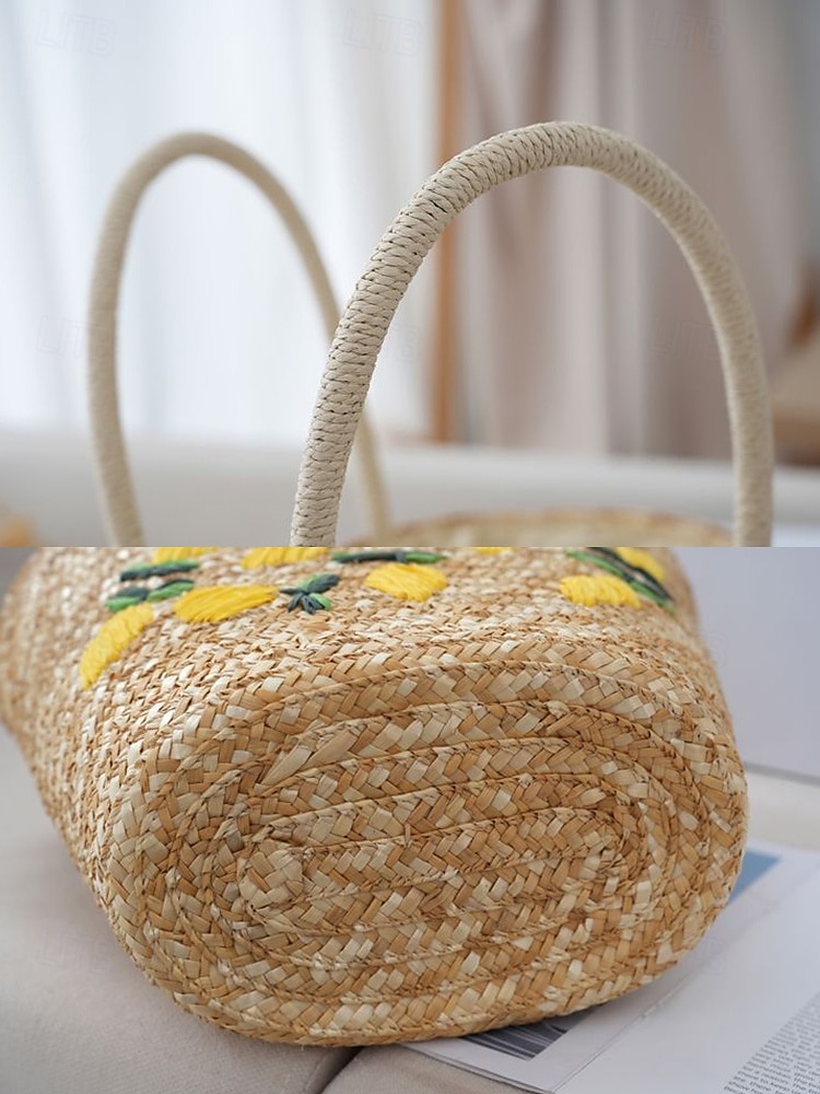 Sac fourre-tout en paille brodé marguerite pour femme - sac fourre-tout de plage d'été avec motif floral, cocotier, citron, style bohème décontracté, adapté aux vacances et à un usage quotidien de 2025 ? $24.99 –P8