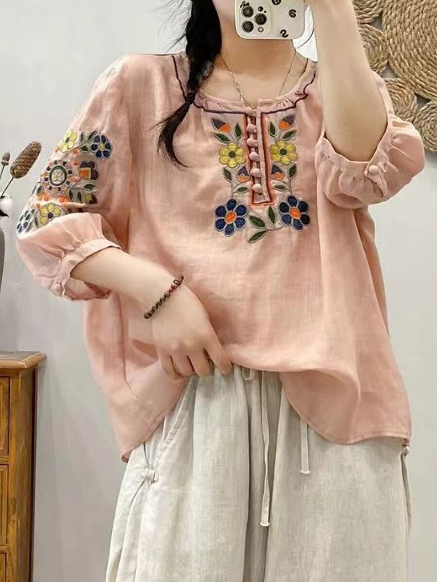 Femmes Chemise Fleuri Élégant Occasionnel Manche 3/4 Col ras du cou Hauts Réguliers Quotidien Broderie Vert Claire Rose Claire Fuchsia Abricot Bleu clair Été Printemps de 2025 ? $19.99 –P14