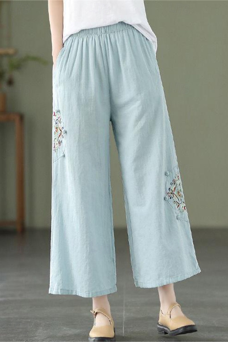 Per donna Pantaloni in cotone e lino Moda Streetwear Lunghezza intera Naturale Floreale Ricamato Tasca Elastico in vita Comodo All'aperto Confortevole All'aperto Vacanza Ferie Aalbicocca Blu cielo del 2025 a $22.99 –P8
