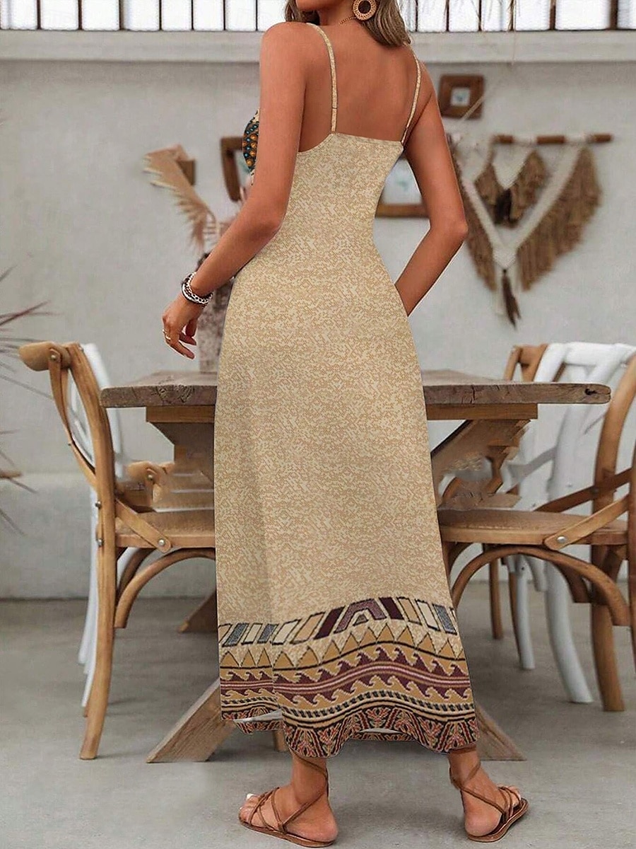 Per donna Abito Midi Vestito Estivo Abito a trapezio Abito Sottoveste Vacanza Casual Boho Uscire Spiaggia Vestibilità comoda Grafico Tribale Senza Maniche Scollo a V Spalline sottili Marrone Estate del 2025 a $31.99 –P2