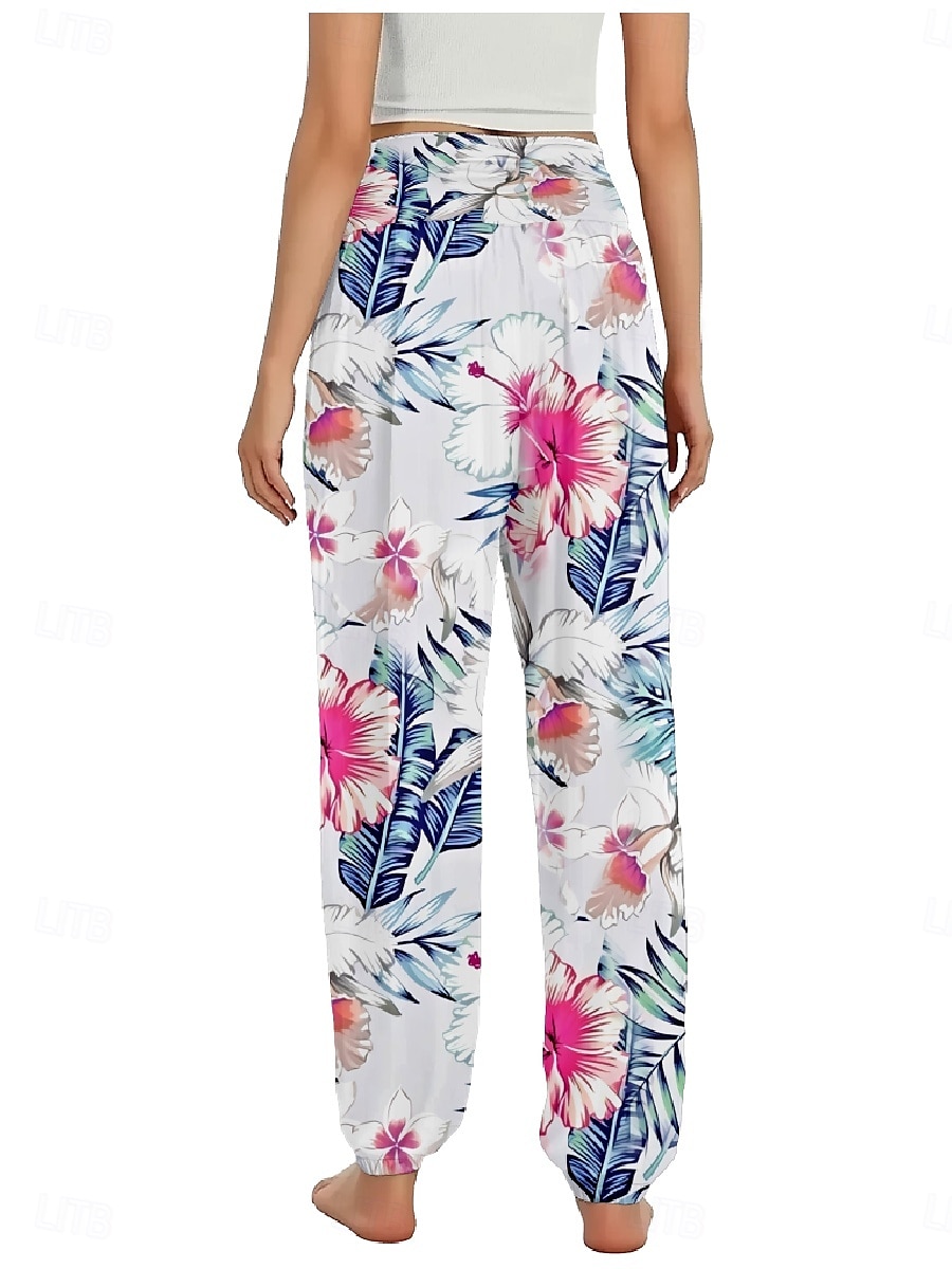 Dam Linneinspirerade byxor Brett skaft Byxor Etnisk Stil Ledigt Boho Fullängd Hög midja Blommig Löv Tropisk Ficka Elastisk midja Tryck Mateial som andas Mjuk Microelastisk Utomhus Yoga Svart Rosa 2025 - $21.99 –P8
