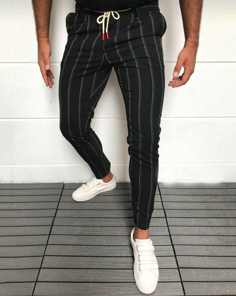 בגדי ריקוד גברים חליפות סקיני מכנסיים צ'ינו כפתורים כיס פסים קומפורט רשמי מפלגה עבודה אופנתי סגנון קלאסי שחור לבן מיקרו-אלסטי 2026 - $22.39 –P2