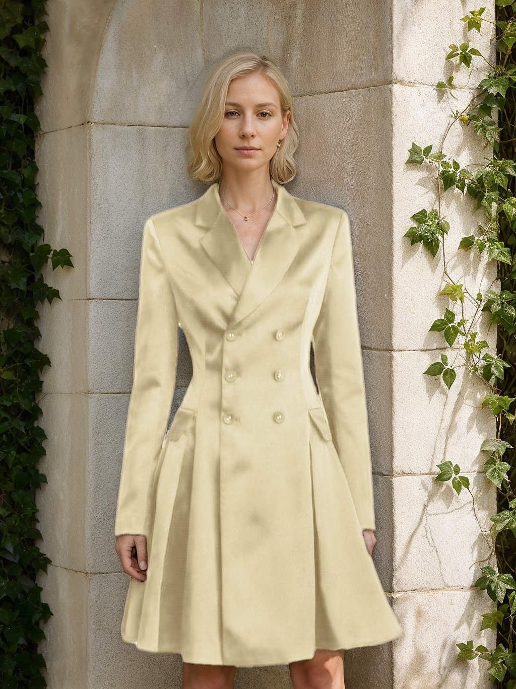 Vestido de la Madre de la Novia A-Line Vestido Tuxedo Vestido de Invitada de Boda Elegante Simple Lujoso Blazer Cuello con Solapas Largo hasta la Rodilla Satén Manga Larga con Pliegues y Bolsillos 2025 - $179.99 –P9
