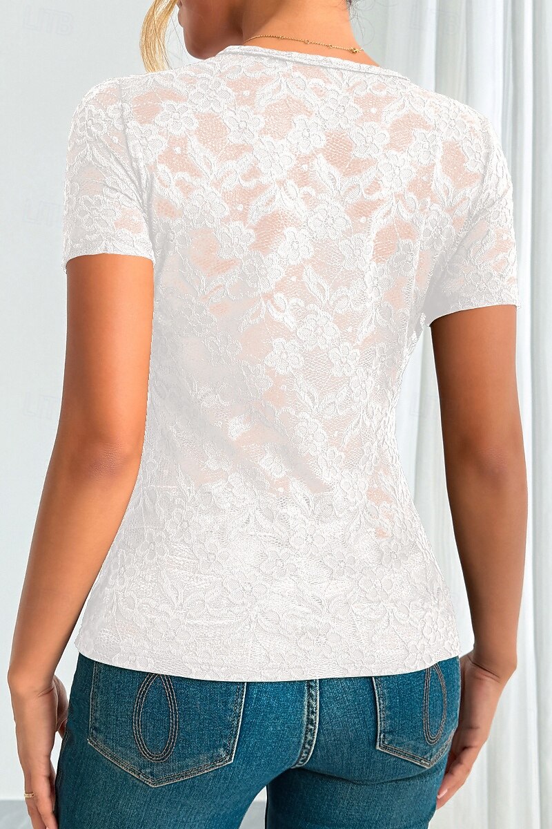 Femmes Chemisier Hauts en dentelle Uni Élégant Moderne Manche Courte Col en V Hauts Réguliers Fête Sortir Dentelle Noir Blanche Vert Été de 2025 ? $21.99 –P6