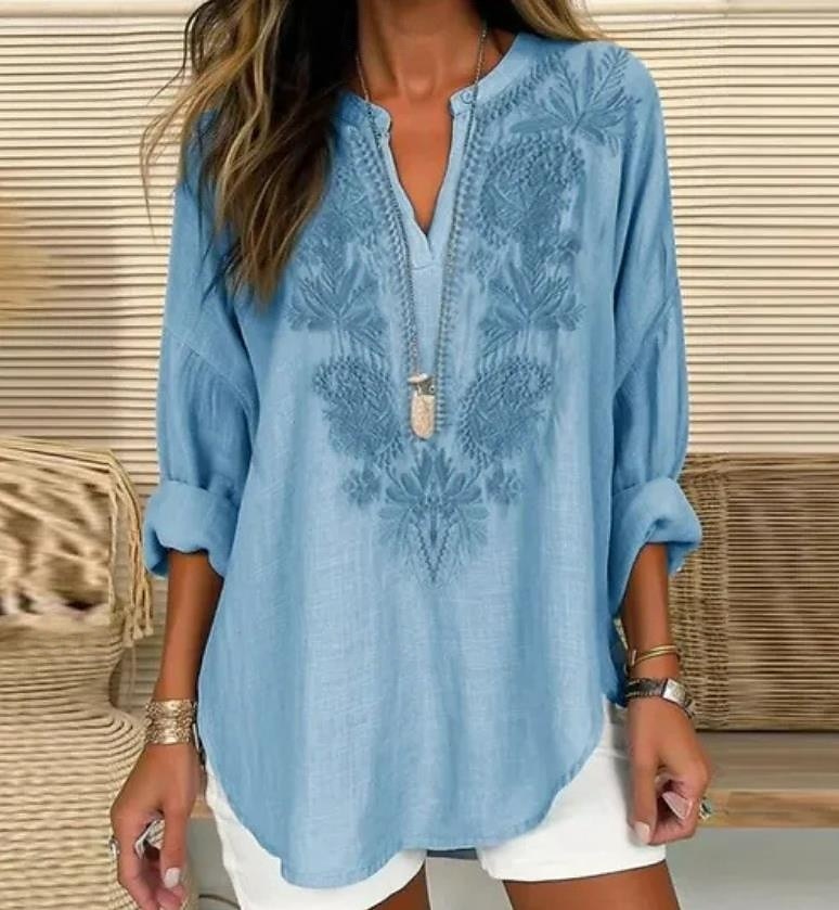 Dames Boho Blouse Grafisch Geometrisch Paisley Elegant Bohemia Vintage Lange Mouw V-hals Regular Tops Dagelijks Print Zwart Blauw Lichtgrijs Beige Zomer Lente 2025 - $24.99 –P4