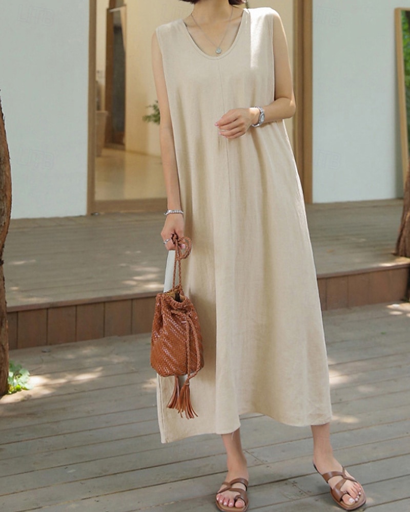 Per donna Abito Midi Abito in cotone e lino Classico Vacanza Quotidiano Uscire Vestibilità regolare Semplice Senza Maniche Scollo a V Marrone Albicocca Estate del 2025 a $42.99 –P2