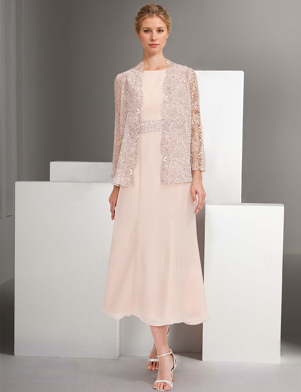 Blue Pink Two Piece A-Line Dress Sets Mother of the Bride Dress Elegant Crew Neck Ankle Length Chiffon Long Sleeve Jacket Dresses with Lace Embroidery 2025 2025 - $148.99 –P1