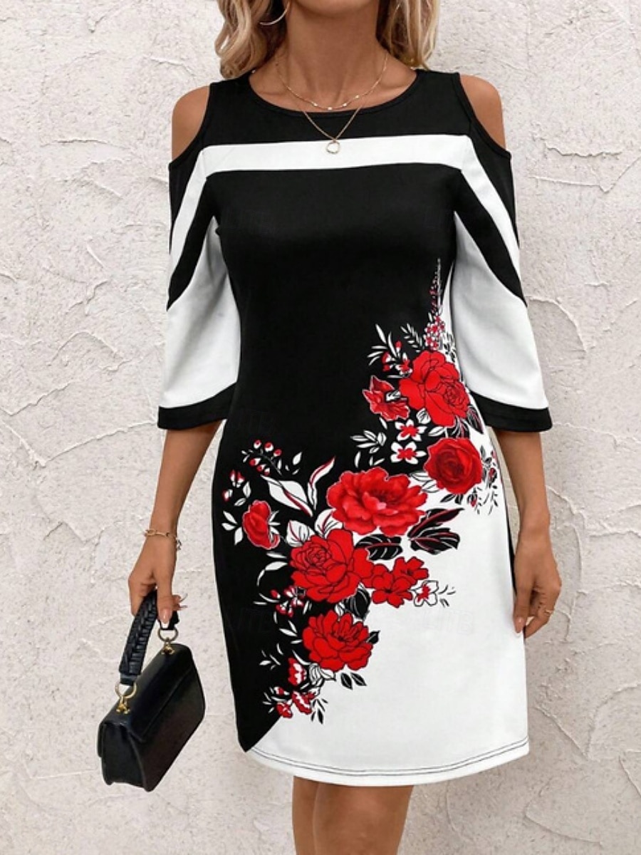Femmes Mini Robe Robe Décontractée Moulant Robe d'été Mode Moderne Extérieur Quotidien Week-end Coupe régulière Fleuri Rayé Manche 3/4 Col ras du cou Noir Blanche Rouge Été de 2025 ? $16.49 –P2