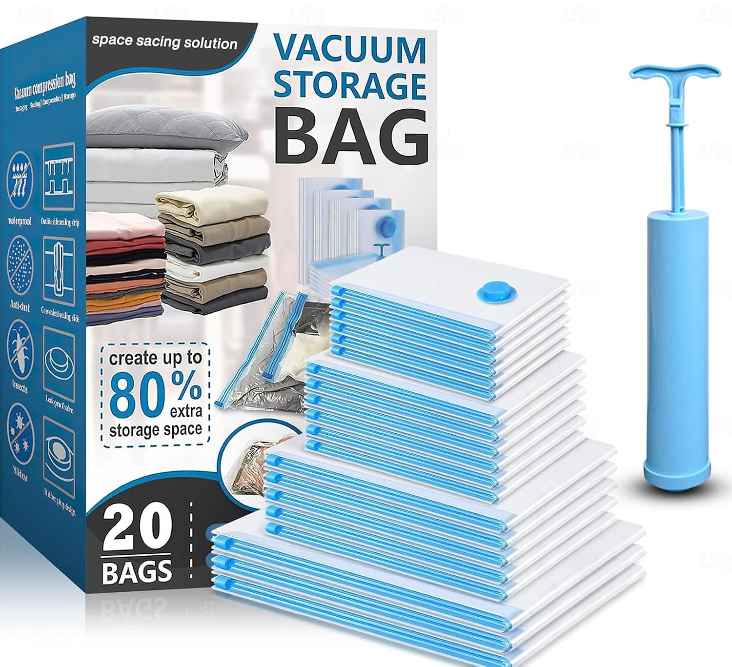 Sacs de voyage sous vide avec fermeture à pompe, sacs pour vêtements, couvertures, rangement peu encombrant, format cabine, sacs d'emballage de compression pour bagages et valises de 2025 ? $15.99 –P6