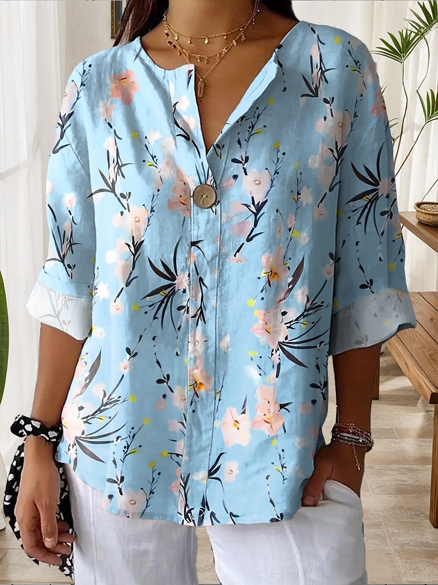 Dames Overhemd Bloemig Grafisch Elegant Casual Lange mouw V-hals Normale tops Dagelijks Feestdagen Afdrukken Rood blauw Zomer Lente 2025 - $29.99 –P1