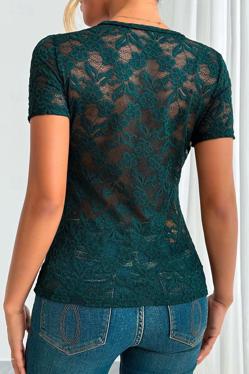 Femmes Chemisier Hauts en dentelle Uni Élégant Moderne Manche Courte Col en V Hauts Réguliers Fête Sortir Dentelle Noir Blanche Vert Été de 2025 ? $21.99 –P12