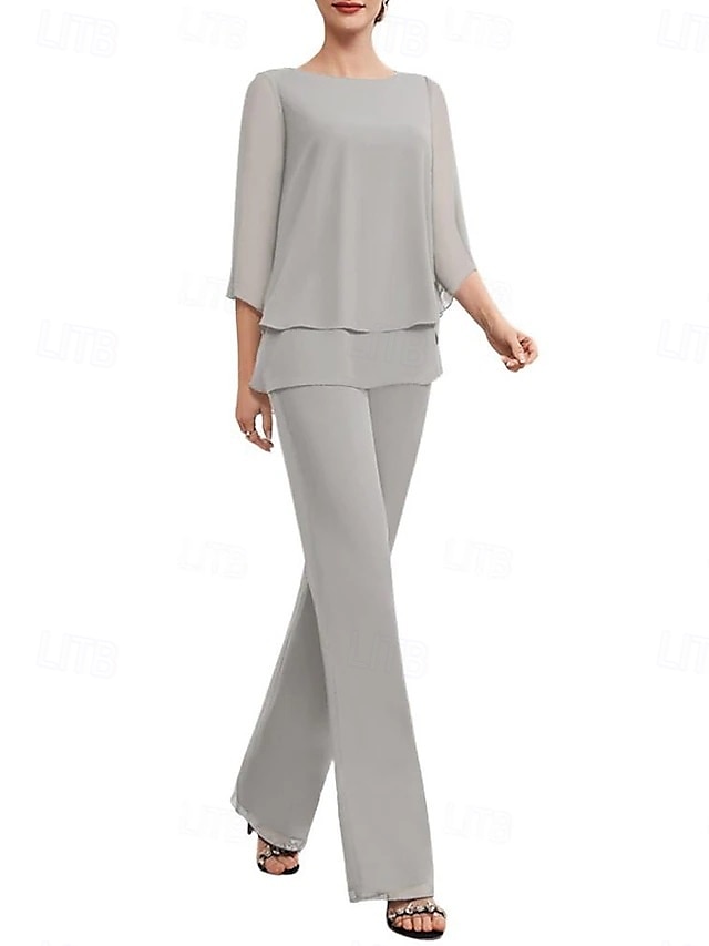 Two Piece Mother of the Bride Dress Elegant Simple Minimalist Crew Neck Floor Length Chiffon Half Sleeve with Cascading Ruffles 2025 2025 - $124.99 –P4