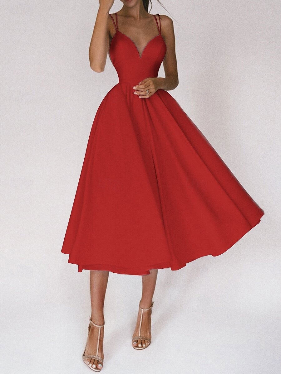 Hochzeitskleider A-Linie V Ausschnitt Ärmellos Tee-Länge Satin Brautkleider Mit Einfarbig 2025 2025 - $79.99 –P9