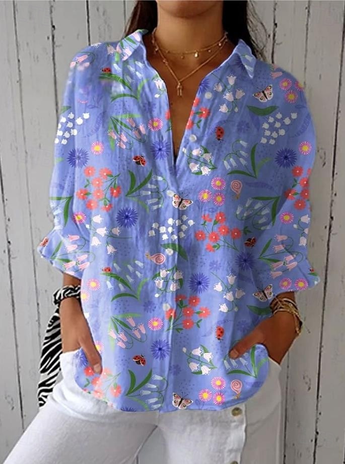 Camicia da donna in lino, camicetta, floreale, grafica, elegante, casual, a maniche lunghe, colletto, normale, top, quotidiano, vacanza, uscite, bottoni, blu cielo, azzurro, viola, verde, estate, del 2025 a $32.99 –P2