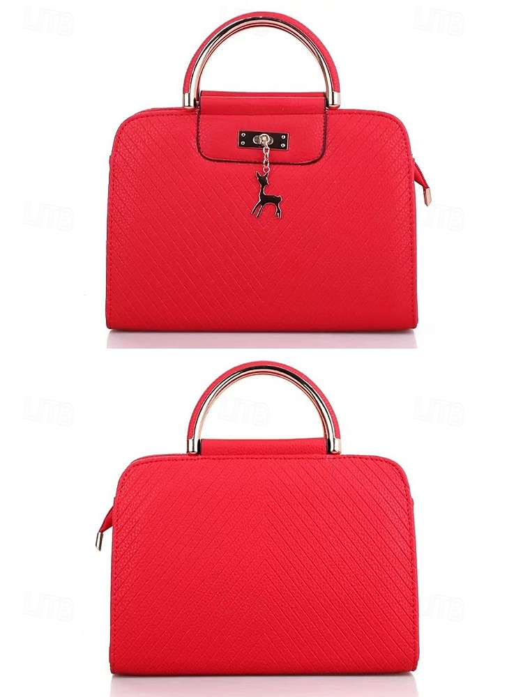 Women's Faux Leather Top Handle Tote Bag with Deer Charm - Elegant Structured Women's Shoulder Bag, Perfect for Mother's Day Gift, Work, Shopping and Casual Outings 2025 - $26.99 –P7