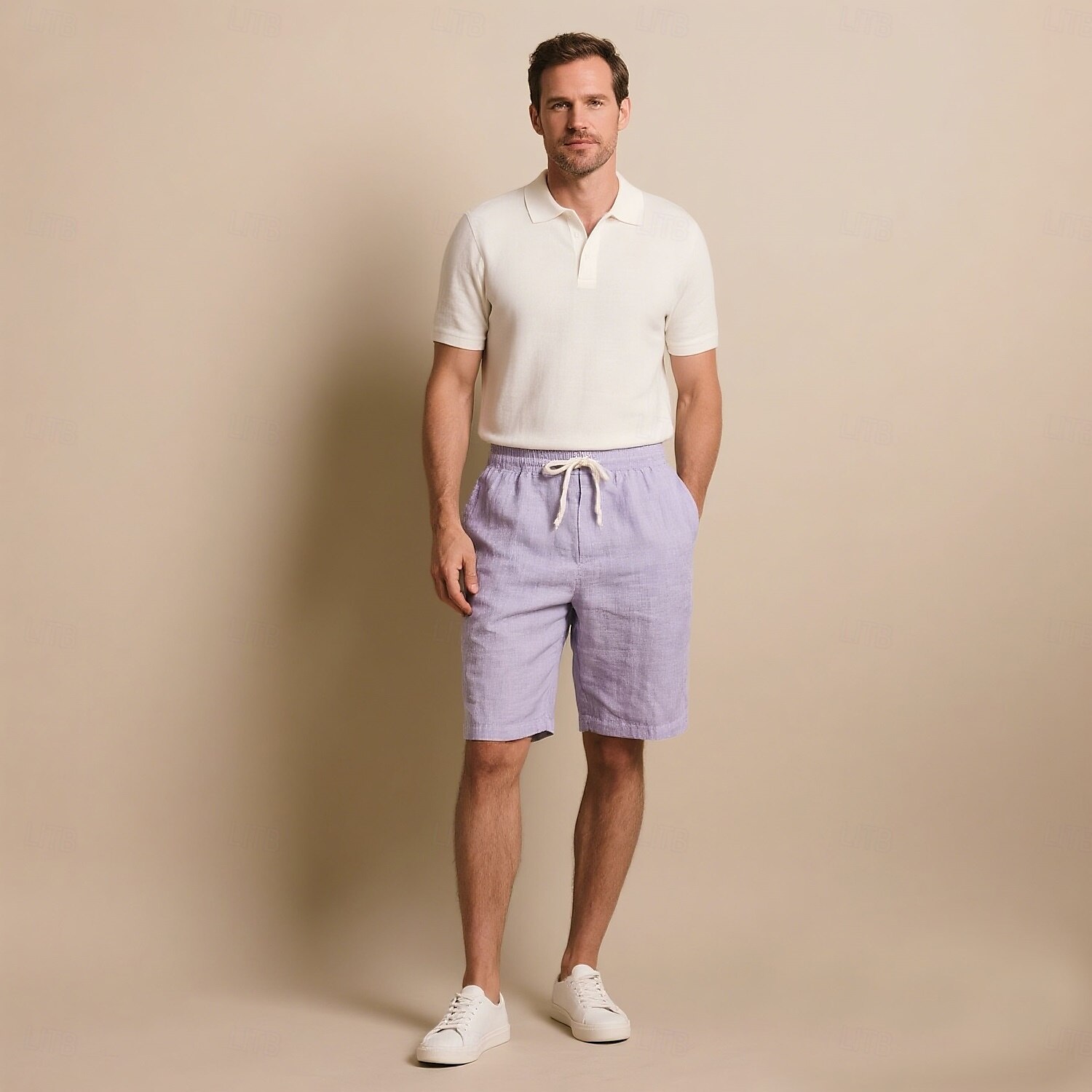 herrshorts i 100 % linne enfärgad knälång utomhus casual daglig semester etnisk stil denim blå ljus khaki oelastisk 2025 - $41.99 –P1