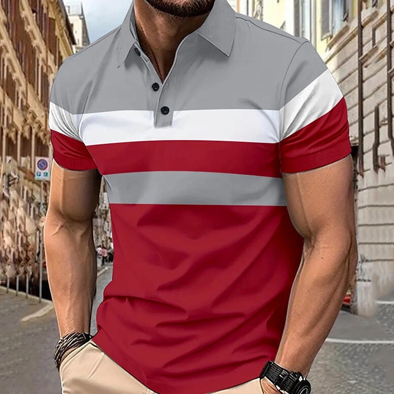 Multipack 3 par Herr Kavajslag Kort ärm Grå + röd + blå Knapp upp Polos Golftröja Golf pikétröjor Lappverk Färgblock Semester Dagliga kläder Polyester Sommar 2025 - $35.99 –P3