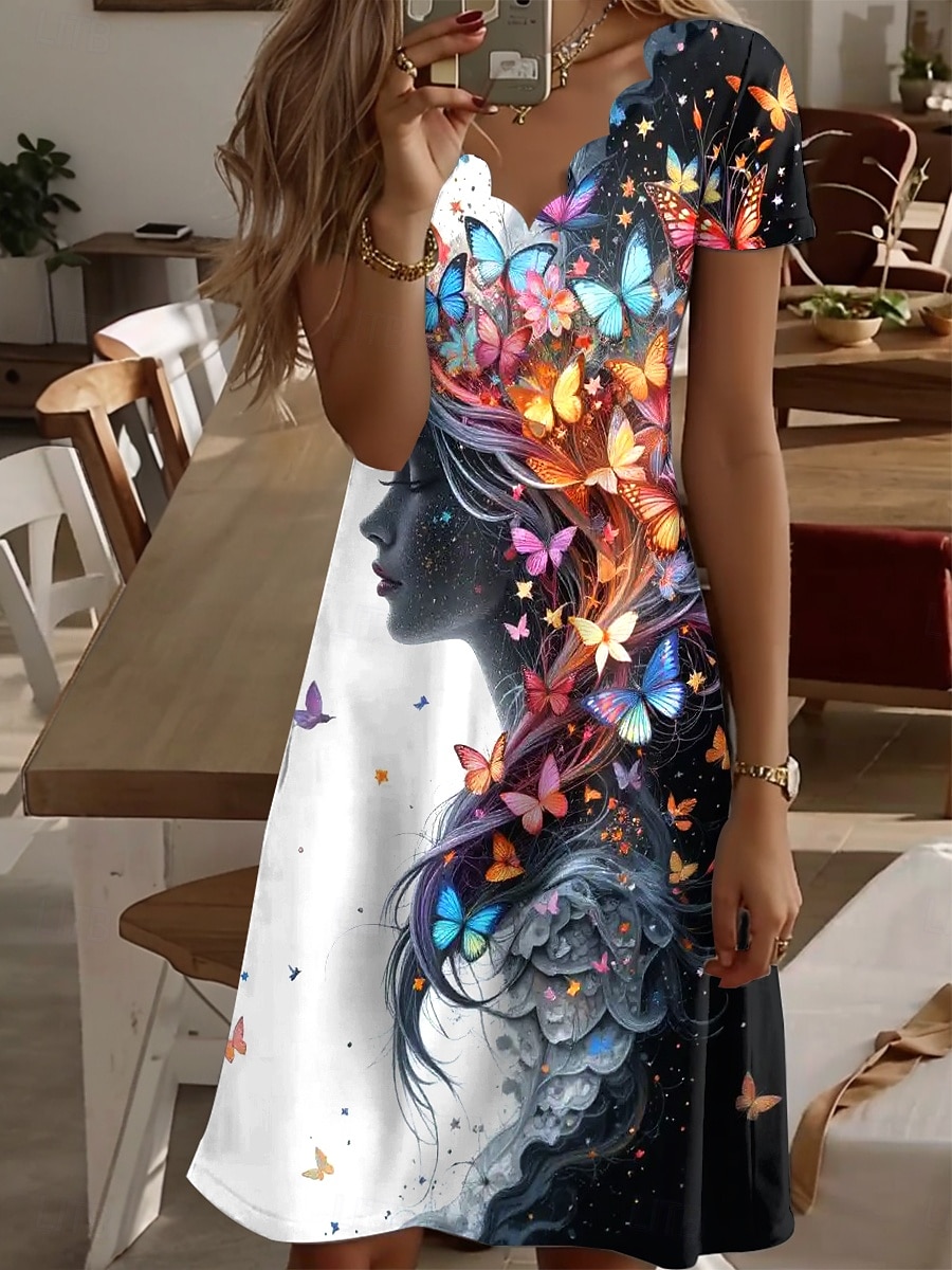 Women's Mini Dress T Shirt Dress Tee Dress A Line Dress Summer Dress Casual Daily Regular Fit Graphic Butterfly Abstract Short Sleeve V Neck Black Summer 2025 - $24.99 –P1