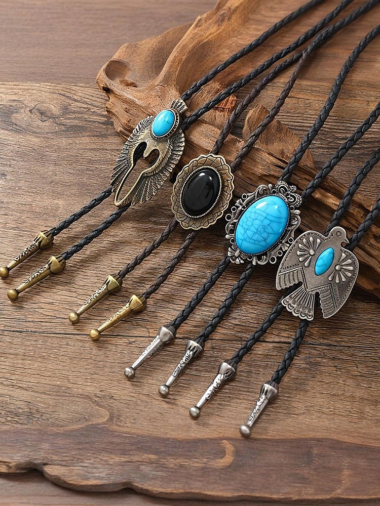 męski krawat kowbojski typu bolo w stylu western z turkusową wkładką, wzór vintage - regulowany skórzany sznurek, modny dodatek kowbojski na okazje codzienne i formalne 2025 - $11.99 –P4