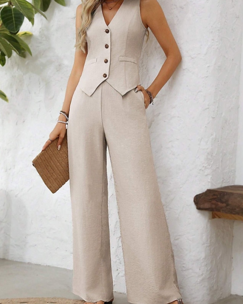 Damen Bluse Weste Hosen-Sets Ärmellos V Ausschnitt Einfarbig Dubbele Rij Knopen Aktiv Outdoor Urlaub Blau Grün Khaki Sommer Normale Passform 2026 - $36.99 –P4
