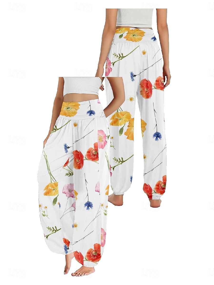 Dame Lin-inspirerte bukser Bred Bukseben Bukser Etnisk stil Fritid Bohem Full lengde Høy Midje Blomstret Blad Tropisk Lomme Elastisk midje Printer Pusteevne Myk Mikroelastisk utendørs Yoga- og 2025 - $20.99 –P3